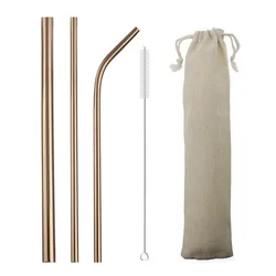 Colorful Reusable Stainless Steel Metal Straws with Cleaning Brush - Bent Drinking Straw Set (Rose Gold)