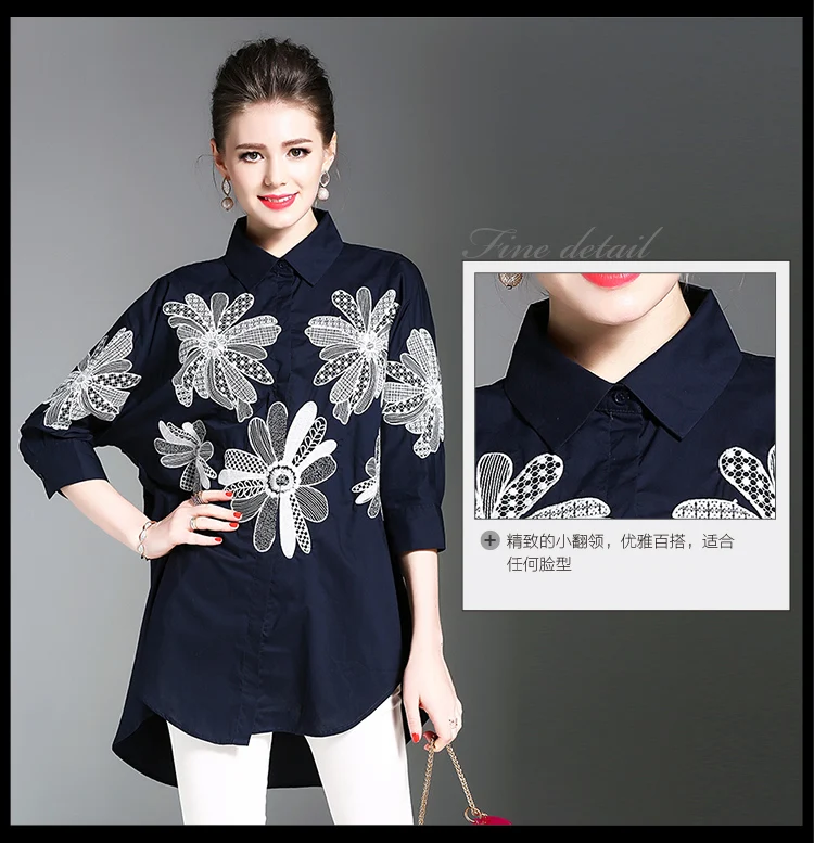 Высококачественная хлопковая рубашка с цветочной вышивкой, женские блузки, блуза Femme Ete, свободные темно-синие женские топы Blusa Mujer K705558