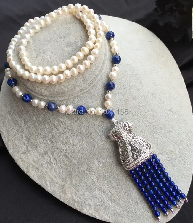 

lapis lazuli round blue and freshwater pearl white necklace 30inch wholesale beads nature gift discount FPPJ