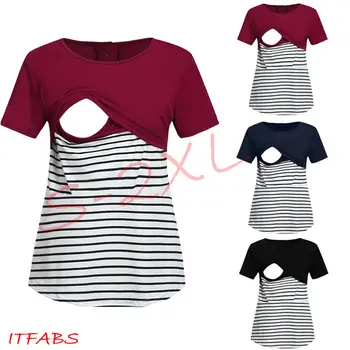 

Hot Women's Maternity Clothes Breastfeeding Striped Nursing T Shirt Short Sleeve Chiffon Tees T-Shirts Maternity Nursing Tops
