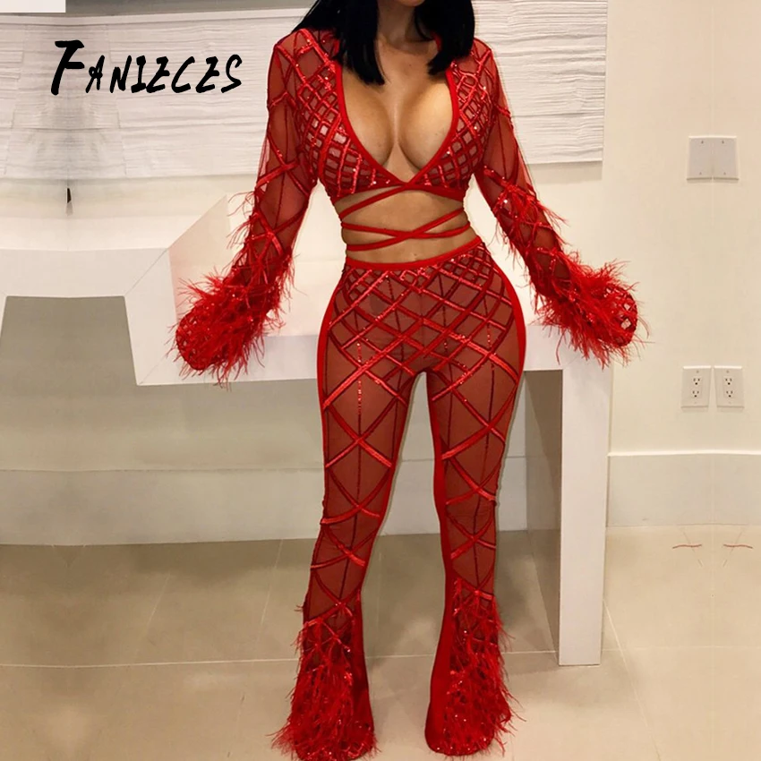 

FANIECES V Neck Summer Two Piece Set Bar stag Crop Top And Pants Sexy club White Outfit Tassel Sequin 2 Piece Sets Women Coloth