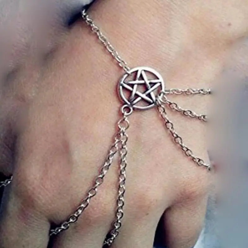 

Finger Hand Witchcraft Pentagram Star Charms Cuff Bracelet Vintage Silver Gothic Tassel Bohemian Anklets Bracelets Women Jewelry