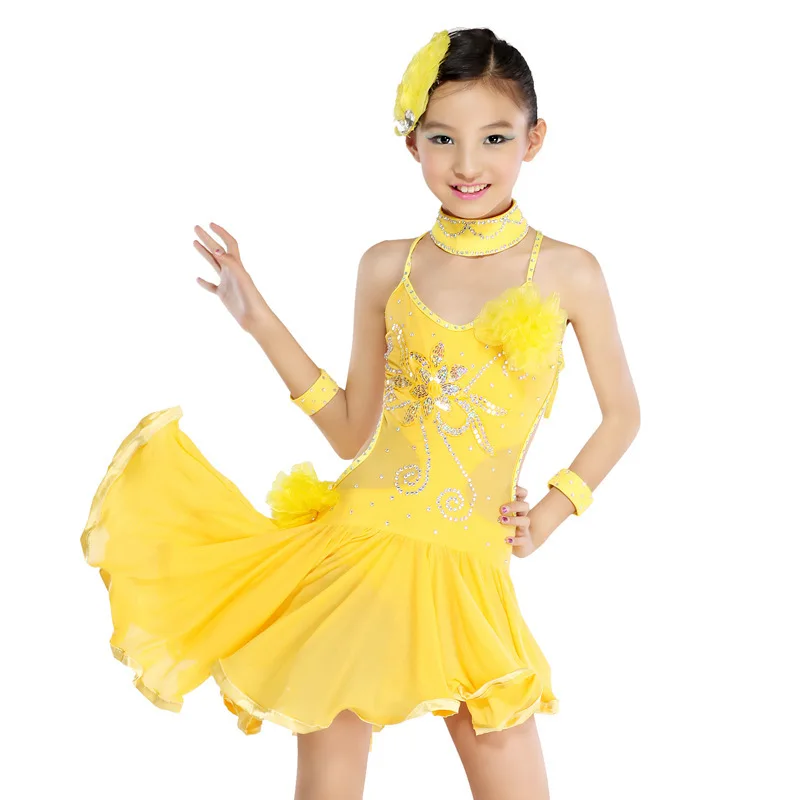 Performance Latin Dance Dress Children with Hand Sewing Girls Kids
