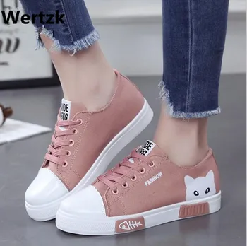 

Fashion Women Flat Cartoon Canvas Shoes 2019 New Summer White Lace Up Student Board Shoes Ladies Casual single Shoes E078