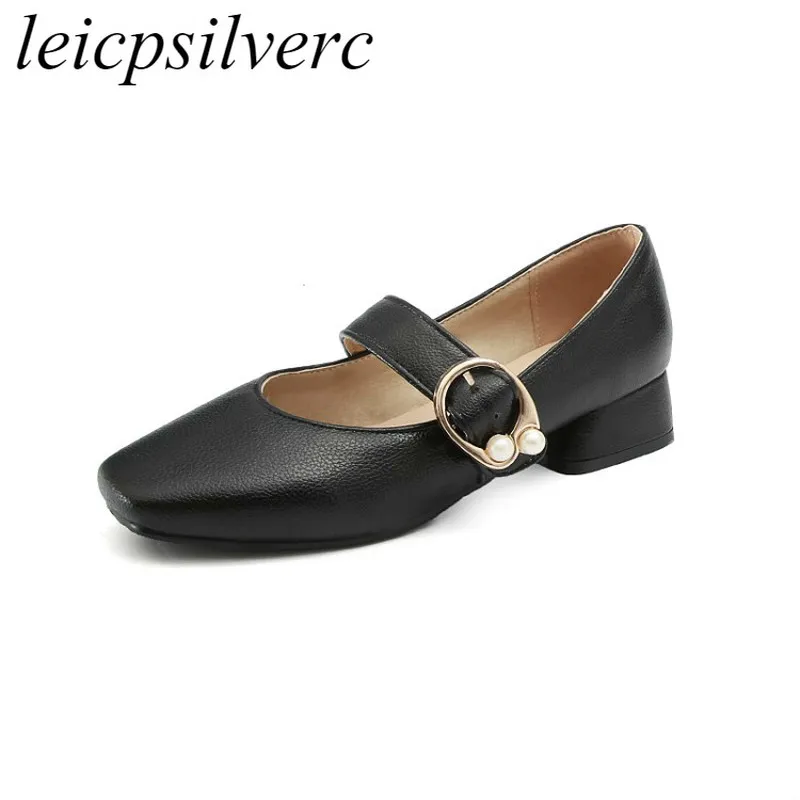 

Women Pumps High Heels Shoes 2019 Spring Autumn Pu Pearl Metal Buckle Square Toe Sexy Fashion Casual Office Party Wedding Black