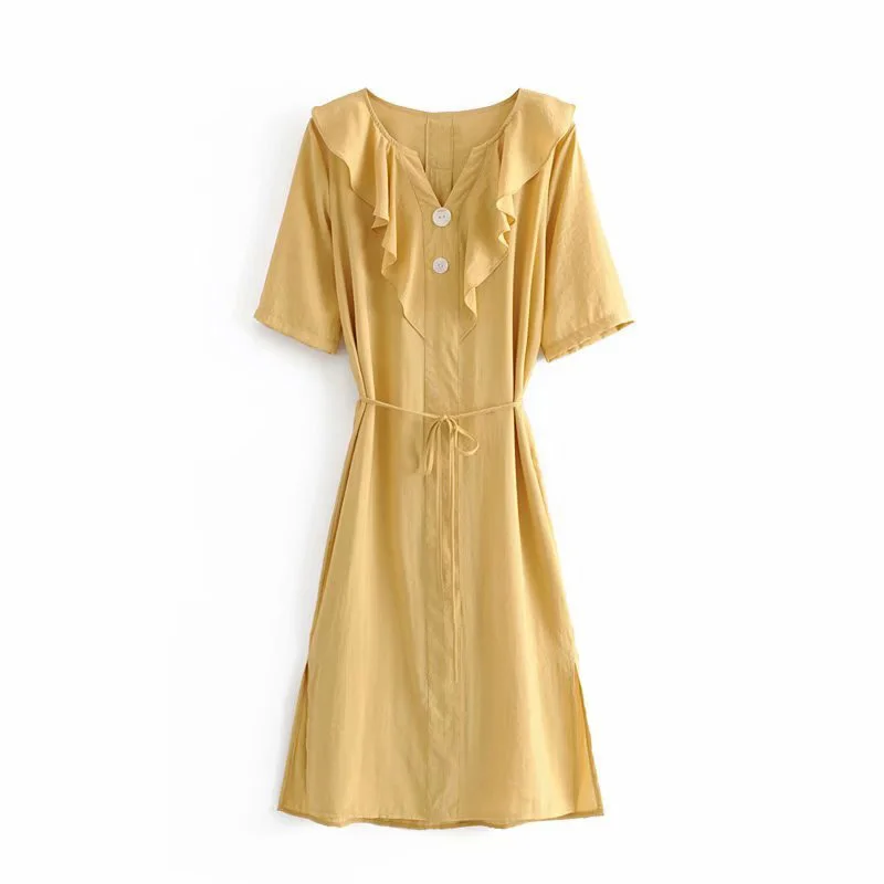 

Ruffle V-Neck Dress Women's Casual Solid Button Slim Mid-Calf Summer Short Sleeve Dress Fashion Beach Split Dresses with Bow