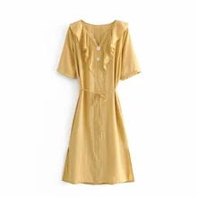 Ruffle V-Neck Dress Women's Casual Solid Button Slim Mid-Calf Summer Short Sleeve Dress Fashion Beach Split Dresses with Bow
