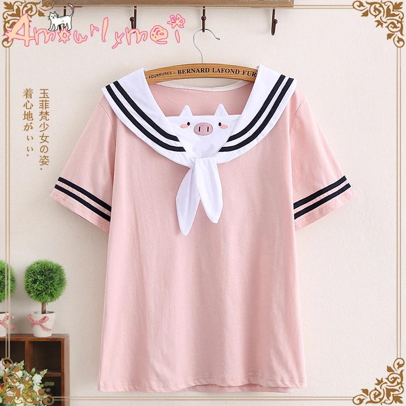 

Japanese Style Mori Girl Cute Cartoon Embroidery Cotton Bow Sailor Collar Short Sleeve T shirt Kawaii Lolita Preppy Tees Tops