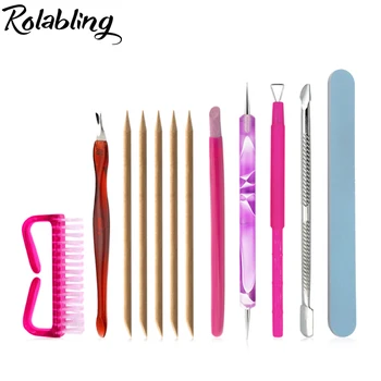 

Rolabling Nail Art Manicure Tools Kits Set Stainless Steel Cuticle Pusher Dead Skin Fork Dotting Brush Nail File Tool Set