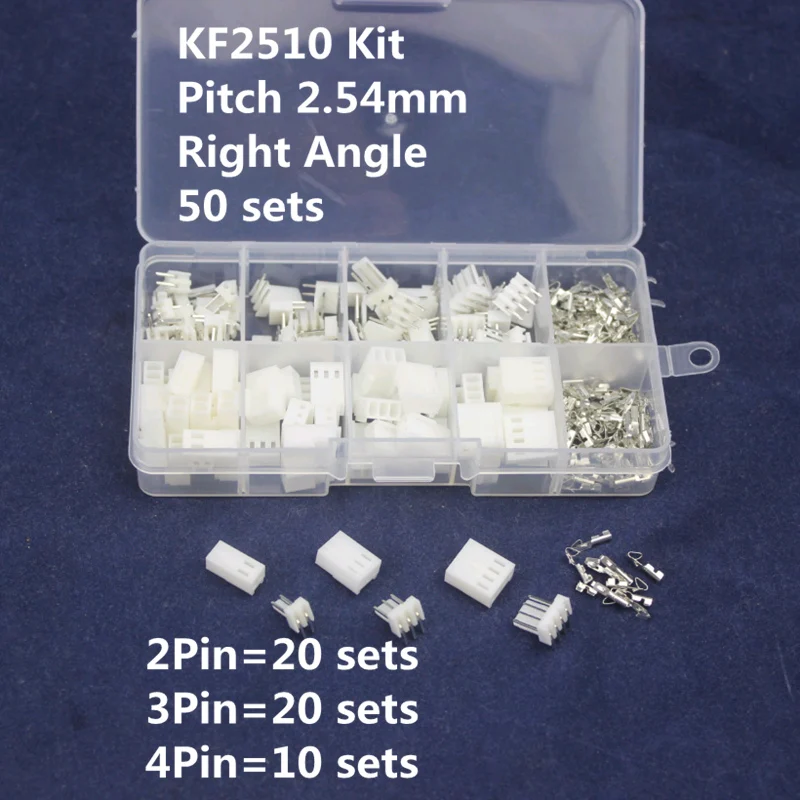 

KF2510 Kits 50 sets Right Angle Kit in box 2p 3p 4 pin 2.54mm Pitch Terminal / Housing / Pin Header Connectors Adaptor