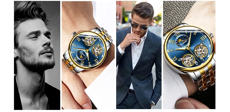 Double tourbillon Luxury Men watch Automatic mechanical Watch BINGER Famous Brand Watch Gold Case Blue Dial Double relogio