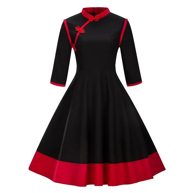 Aovica 3XL 4XL размера плюс женская одежда Pin UP Vestidos Осень Зима Ретро Повседневные Вечерние платья рокабилли 50s винтажные платья - Цвет: Черный