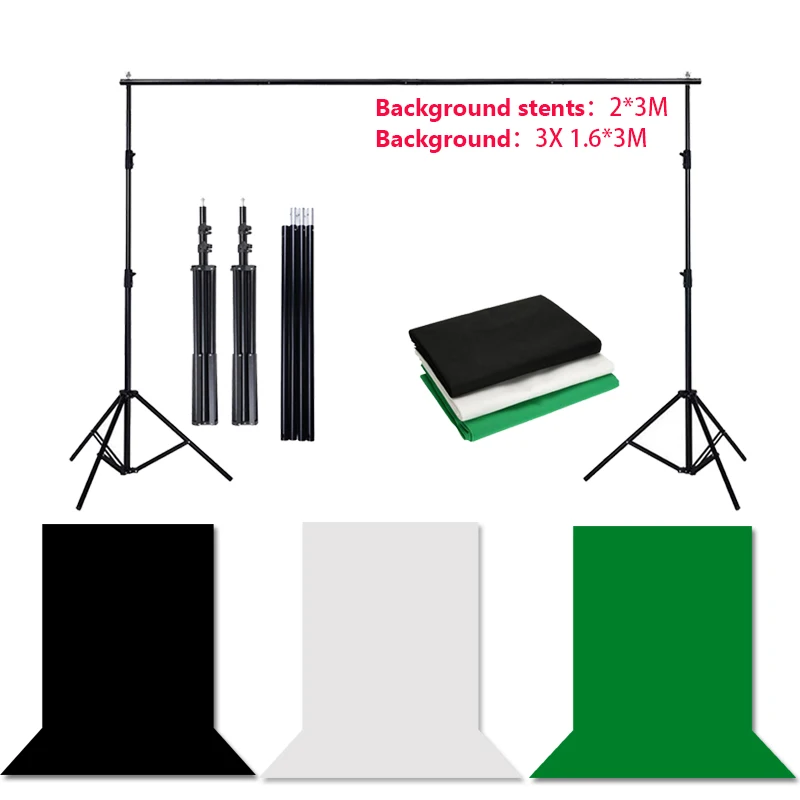 Photography studio 2Mx3M Heavy Background Stand and 3 sheet 1.6Mx3M Photo Non Woven Fabric Backgrounds Kits Black white green |