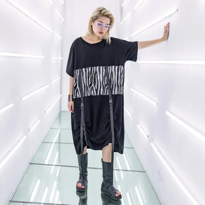 

New Summer Woman Dresses Sequined Buckle One Piece O Neck T Shirt Dress Vestidos Vintage Sexy Dress Club Wear Retro Female Dress