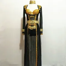 Черный горный хрусталь боди с блестками костюм с юбкой Женская Сексуальная яркая Золотая Одежда Набор Женский Для певиц, танцовщиц, сценическая трико DJ