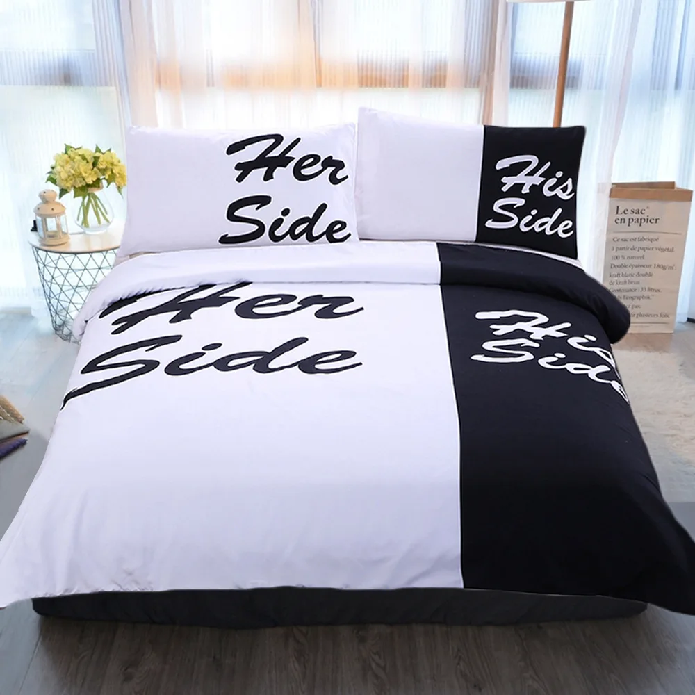 3pcs Mr Mrs Home Textile Bedding Set Her Side His Side Duvet Cover