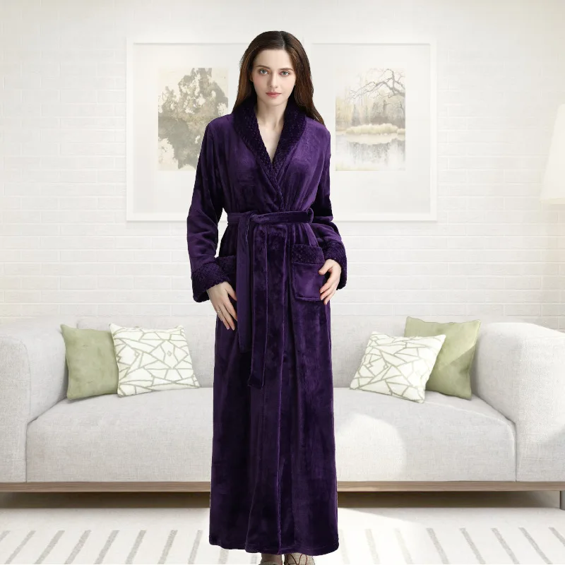 QWEEK Winter Stitching Womens Robes Sleepwear Plus Size Splid Color Bathrobes Homewear Flannel Couple Bath Robe Sleepwear - Цвет: W Purple