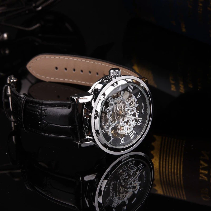 Shellhard1pc мужские роскошные черные кожаные часы со скелетом спортивные автоматические механические наручные часы из нержавеющей стали Montre Homme