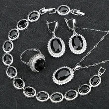 Черные камни циркония свадебные 925 пробы серебряные Ювелирные наборы ожерелье кулон талисманы браслеты серьги кольцо для женщин Подарочный набор