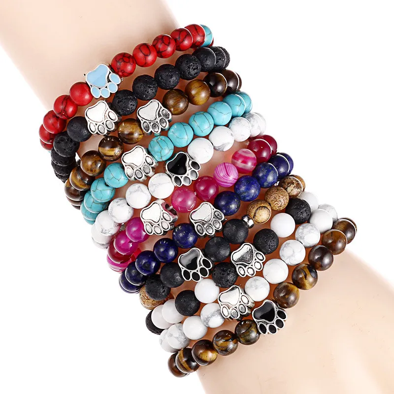 

11 Colors Natural Stone Bead Yoga Bracelet Dog Hand Paw 8mm Stretch Rope Bead Bracelet Wristband for Women Men Pet Jewelry Gifts