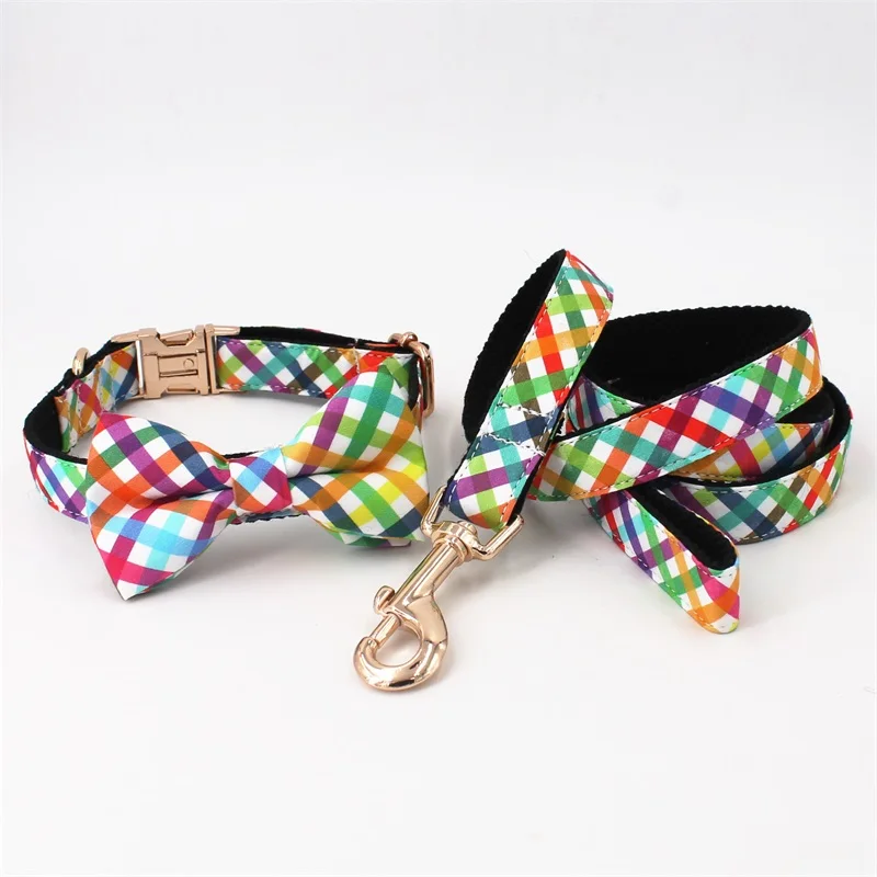 Модный Цветной клетчатый ошейник для собаки с галстуком-бабочкой, поводок для 5 размеров на выбор, лучшие подарки для вашего питомца - Цвет: full set