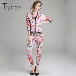Trytree весна женский шелковистый принт комплект из двух предметов Повседневный с круглым вырезом на молнии топы + брюки эластичный пояс