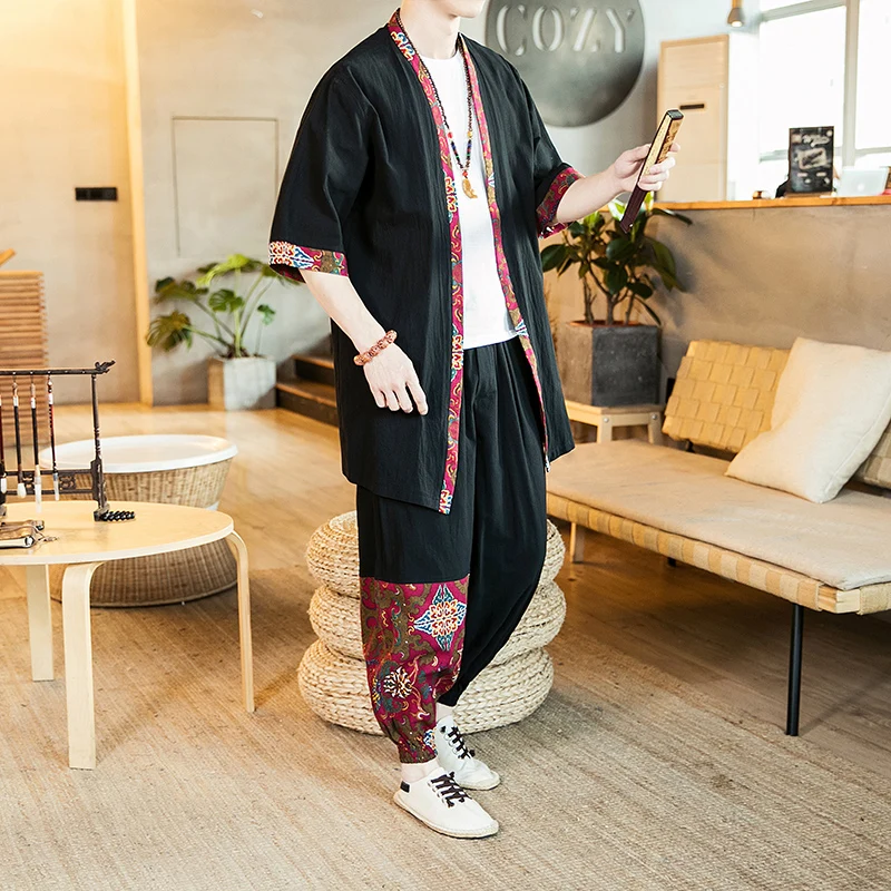Loldeal Chinese Suit Summer Long-sleeved Shirt + Black Pants Men's Kimono Casual Suit Men's Suit