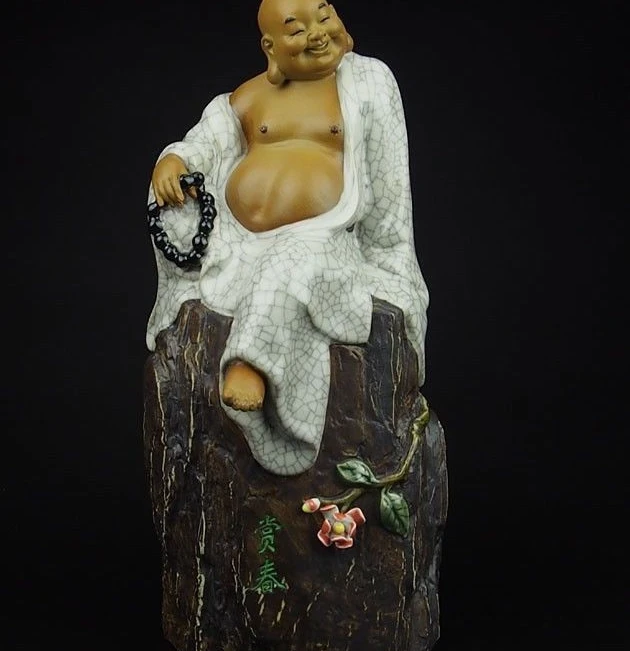 

China Pottery Wucai Porcelain Art Sit Stone Happy Maitreya Buddha Spring Statue