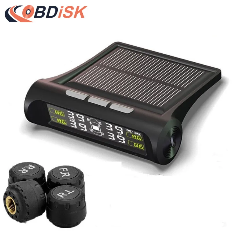 

Solar Power TPMS Smart Car Tire Tyre Pressure Monitoring System Wireless Alarm Warning with 4 Sensors BAR PSI LCD Display