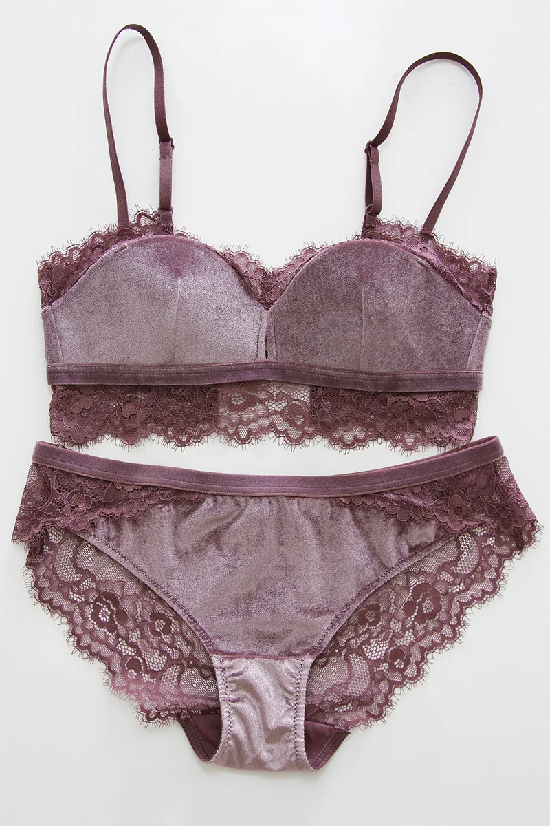 2018 New Fashion Women Velvet Bra Underwear Straps Bralette Panties
