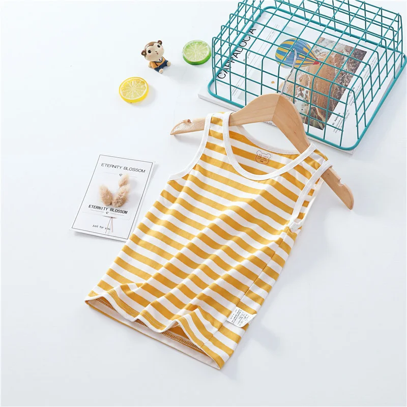 2-8 Years Summer Baby Boys Vests T-shirts Children Thin Vest Top Kids Boy Girl Tops Clothes Cotton Tees Stripe printing Shirts - Цвет: yellow