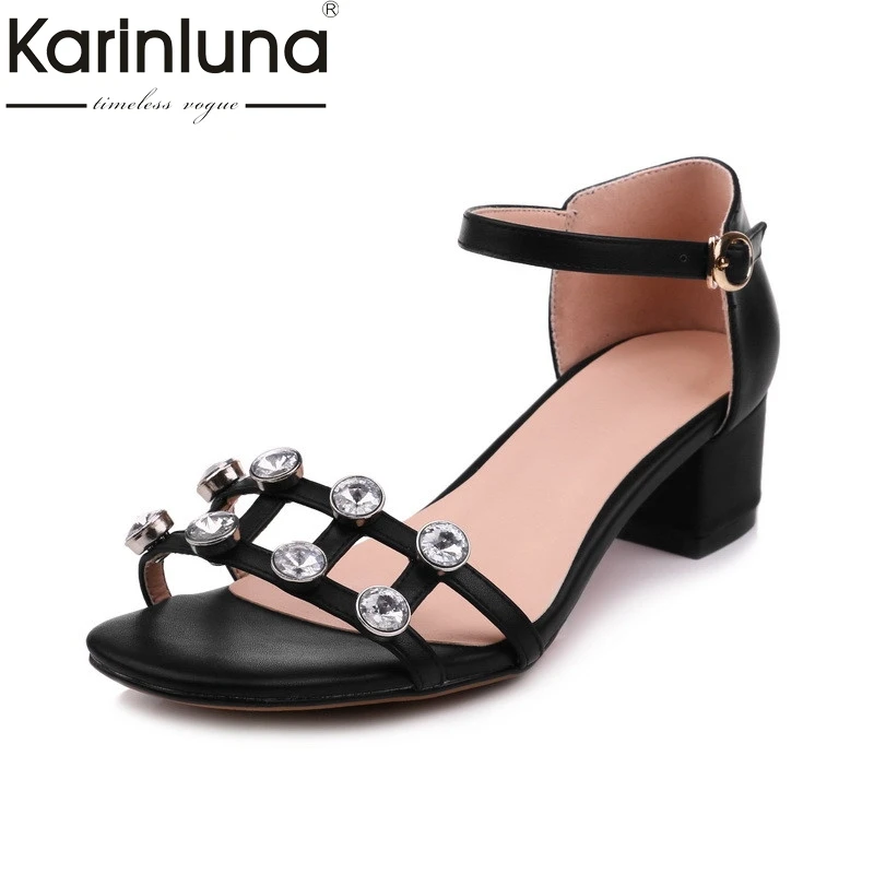 

Karinluna 2018 Summer Concise Crystal Sandals Plus Size 32-48 Date Cover Heel Casual Shoes Woman Med Heels Women Shoe