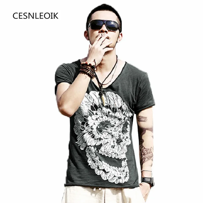 

Mens Deep V Neck T Shirt Summer Green Cotton Mens Skull Print Thin Slim V Neck T-shirt Plus Size M-XXL #T99