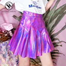 Летние женские юбки из искусственной кожи модные яркие фиолетовые мини-юбки с высокой талией женский свободный комплект пуловер+ кожаная юбка диско