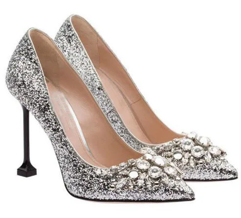 

Pointed toe silvery high heel shoes Women graceful shallow bling crystal thin heel shoes Ladies' dress shoes Wedding shoes