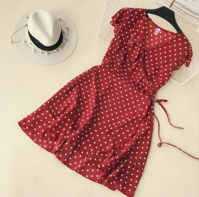 

Summer Polka Dot Wrapped Dress V Neck Ruffles Sexy Mini Dress Slim Bodycon Vacation Beach Smocks Korean Fashion