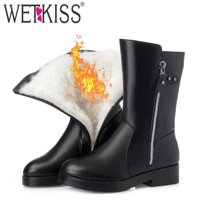 

WETKISS Plus Size 35-43 Leather Ankle Women Boots Round Toe Zip Footwear Thick Heels Female Boot Warm Wool Shoes Woman Winter