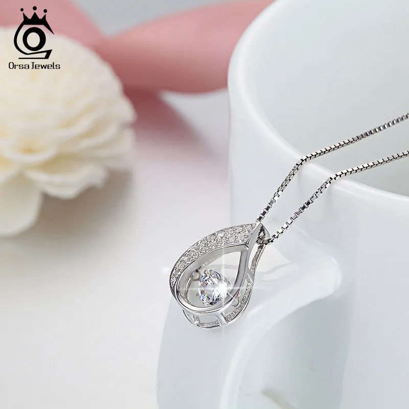 ORSA JEWELS стерлингового серебра 925 капли воды кулон Цепочки и ожерелья с подвижными блестящие кубического циркония Подлинная Серебряные ювелирные изделия SN41