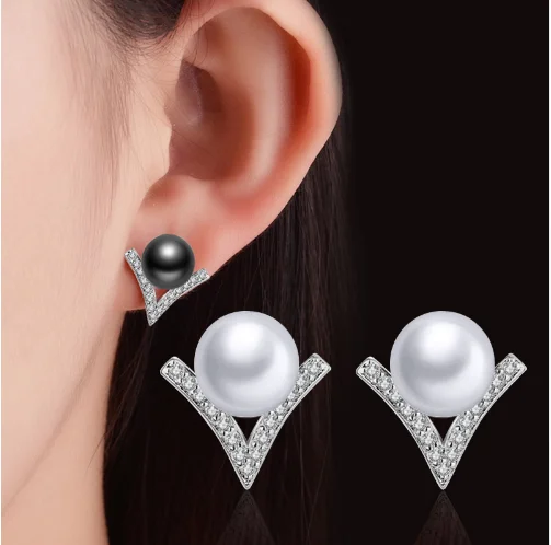 

925 Sterling Silver Gray White Imitation Pearl Women V Shape Setting Clear Zirconia Stones Silver-Color Fashion Ear jewelry