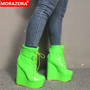 

MORAZORA 2019 new arrival gladiator shoes women ankle boots lace up wedges platform shoes sexy fashion Night Club Shoes woman