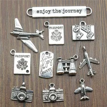 Dijes de viaje fabricación de joyas avión Cámara pasaporte tronco dijes para hacer pulsera plata antigua