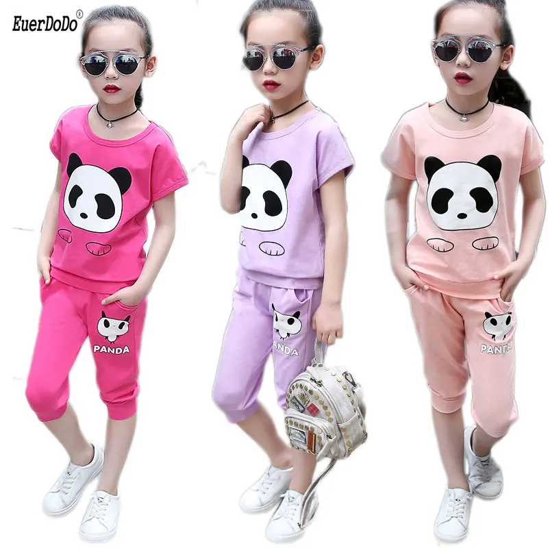 Short Sleeve Panda Clothing Set For Girls T Shirt + Pants 2pcs Sport