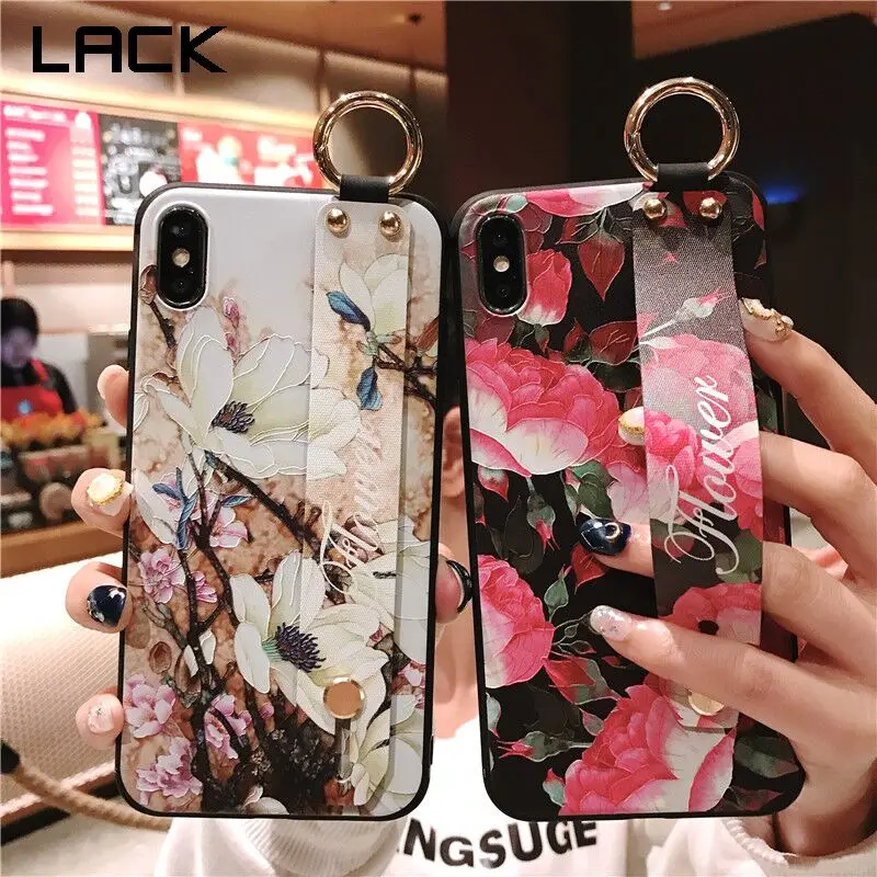 

LACK 3D Relief Colorful Flowers Phone Case For iphone X XS Max XR 6 6S 7 8 Plus Cover Wrist Strap Hand Band Stand Soft Cases