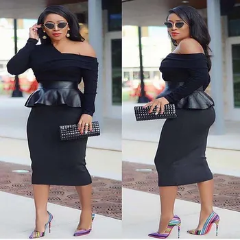 

African Clothes Sexy One Sleeve Pencil Dress Women Ruffles Patchwork Knee Length Bodycon Bandage Slim Black Dress Office Lady