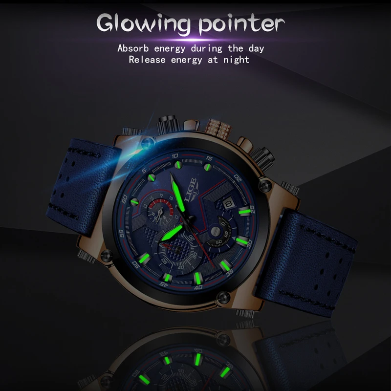 

2019 LIGE Mens Watches Business Top Luxury Brand Quartz Watch Men Leather Blue Waterproof Sport Chronograph Relogio Masculino