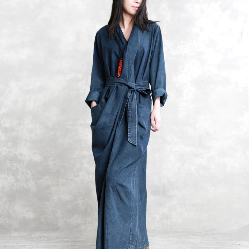 

[EWQ] New Autumn Winter 2019 Fashion V-neck Loose Pockets Ankle-length Asymmetrical Sashes Blue Color Women Denim Dress AA084