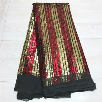 

High Quality African Mesh Lace Fabric Golden+Red French Net Sequins Embroidery Tulle Fabric Nigerian Material Party Dress