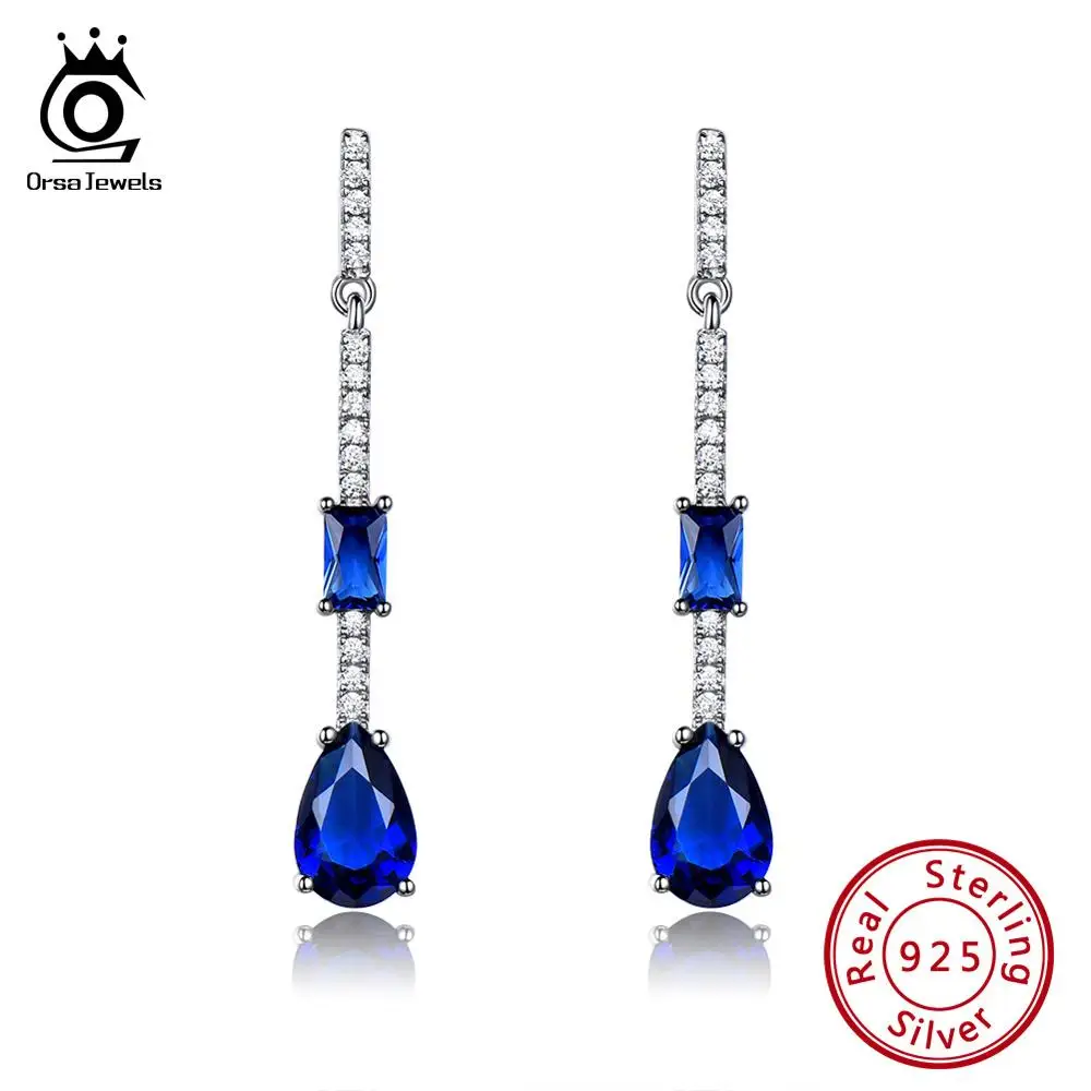 

ORSA JEWELS Silver Women Stud Earrings Created Nano Sapphire Blue Water Drop Stone Long Earring Silver 925 Jewelry Aretes OVSE10