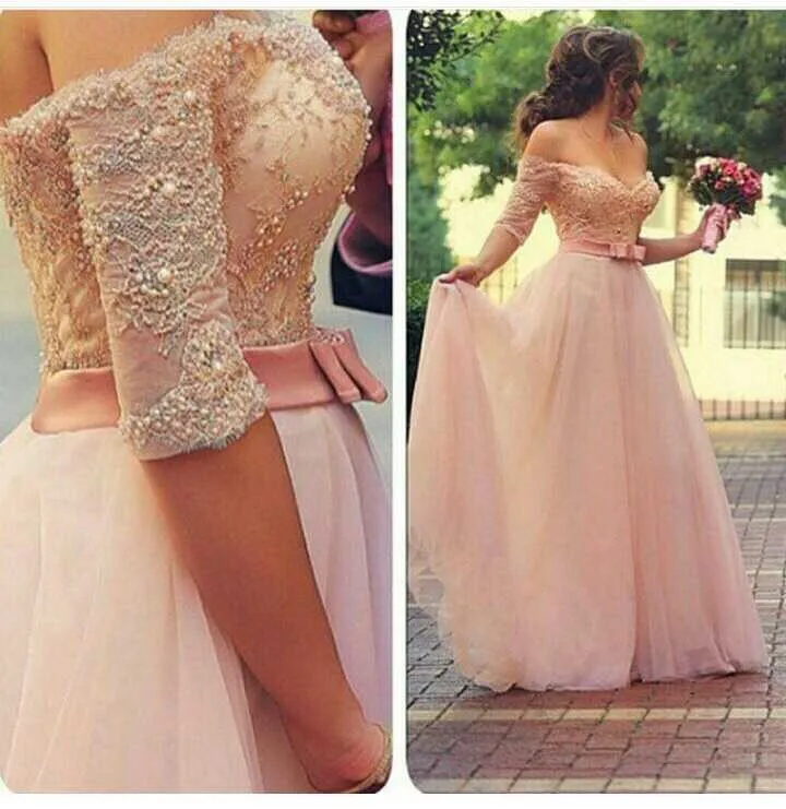 

Charming Sweetheart Half Sleeve Tulle Bridesmaid Dress with Pearls and Appliques Floor Length Wedding Party Dress Custom Made