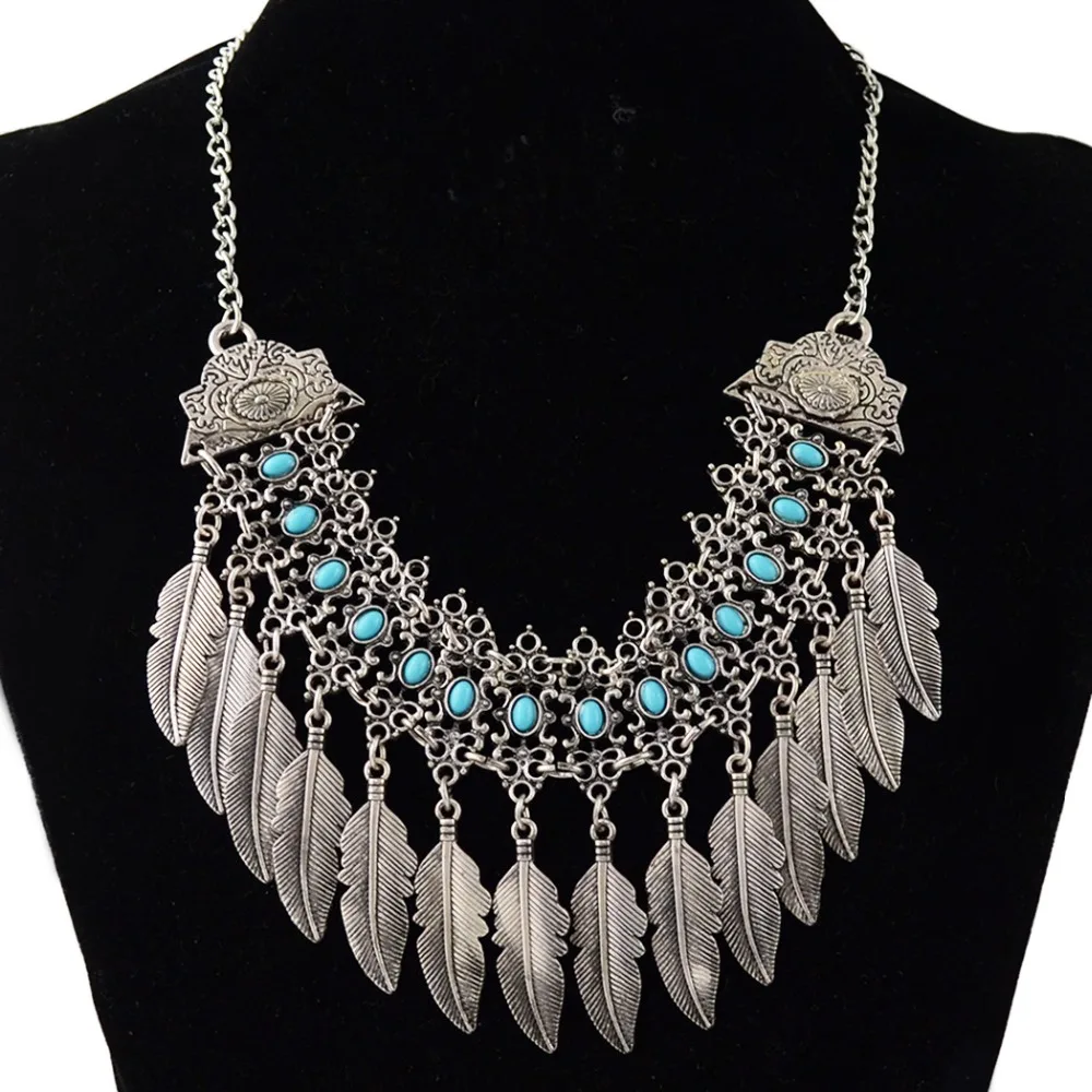 

Women Gypsy Necklace Jewelry Bohemian Antique Silver Leaf Pendant Necklace Turkish Indian Ethnic Collar Festival Party Jewelry